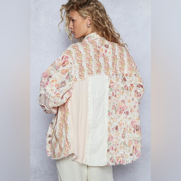 POL “ Wildflower Quilt “ Patchwork Button Down Shacket | Crimson Multi - Picture 4 of 5
